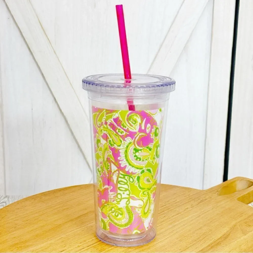 Lilly Pulitzer Elephants Acrylic Tumbler‎ Cup Pink Green 20oz Lid Straw